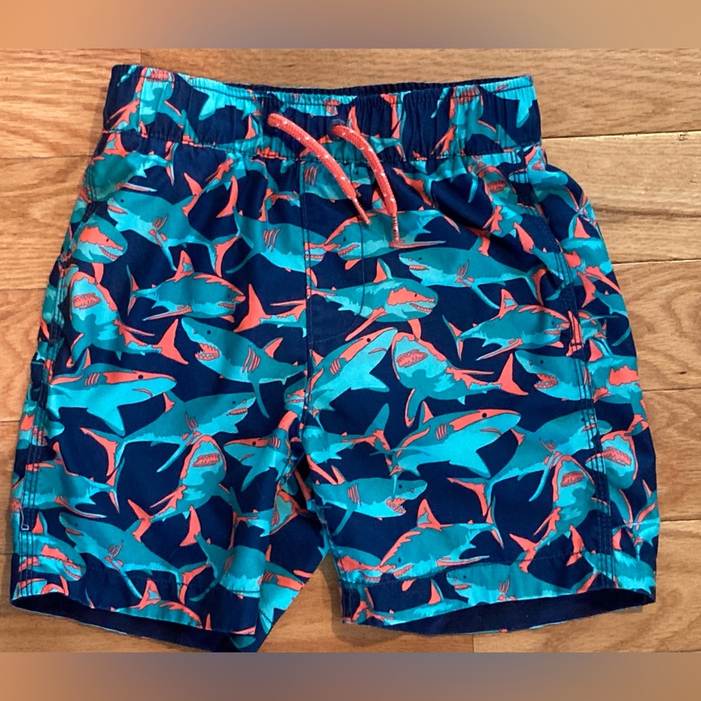 🟢2/$15 EUC Gap swim trunks, small 6-7, Navy, fluorescent orange, teal sharks.